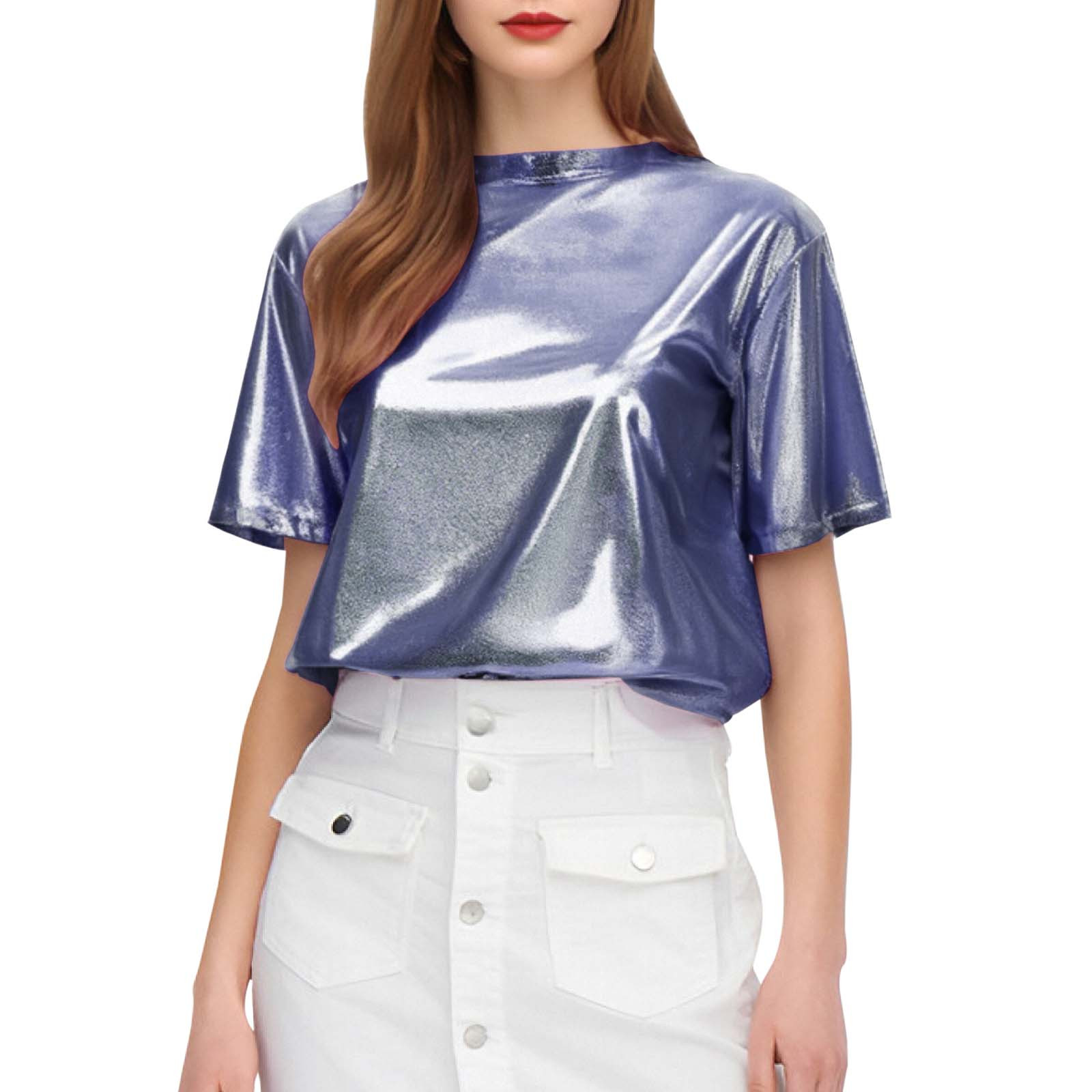 thumbnail image 1 of Top brillante de seda para mujer - Camiseta holgada con mangas cortas y purpurina, 1 of 8